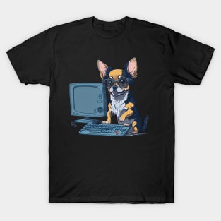 A cute Chihuahua dog is working on computer T-Shirt